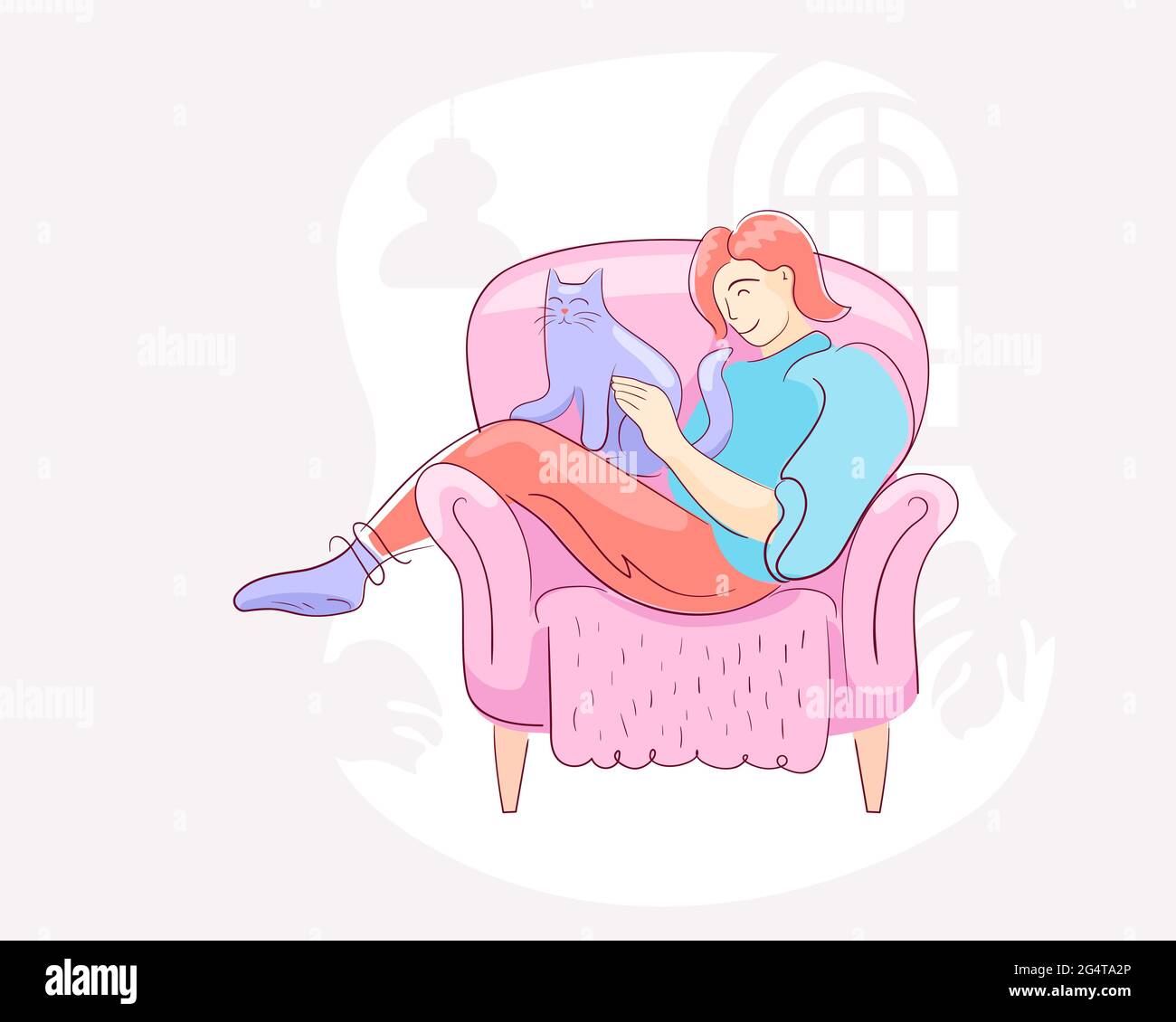 Mädchen mit einer Katze auf der Couch Stock Vektor