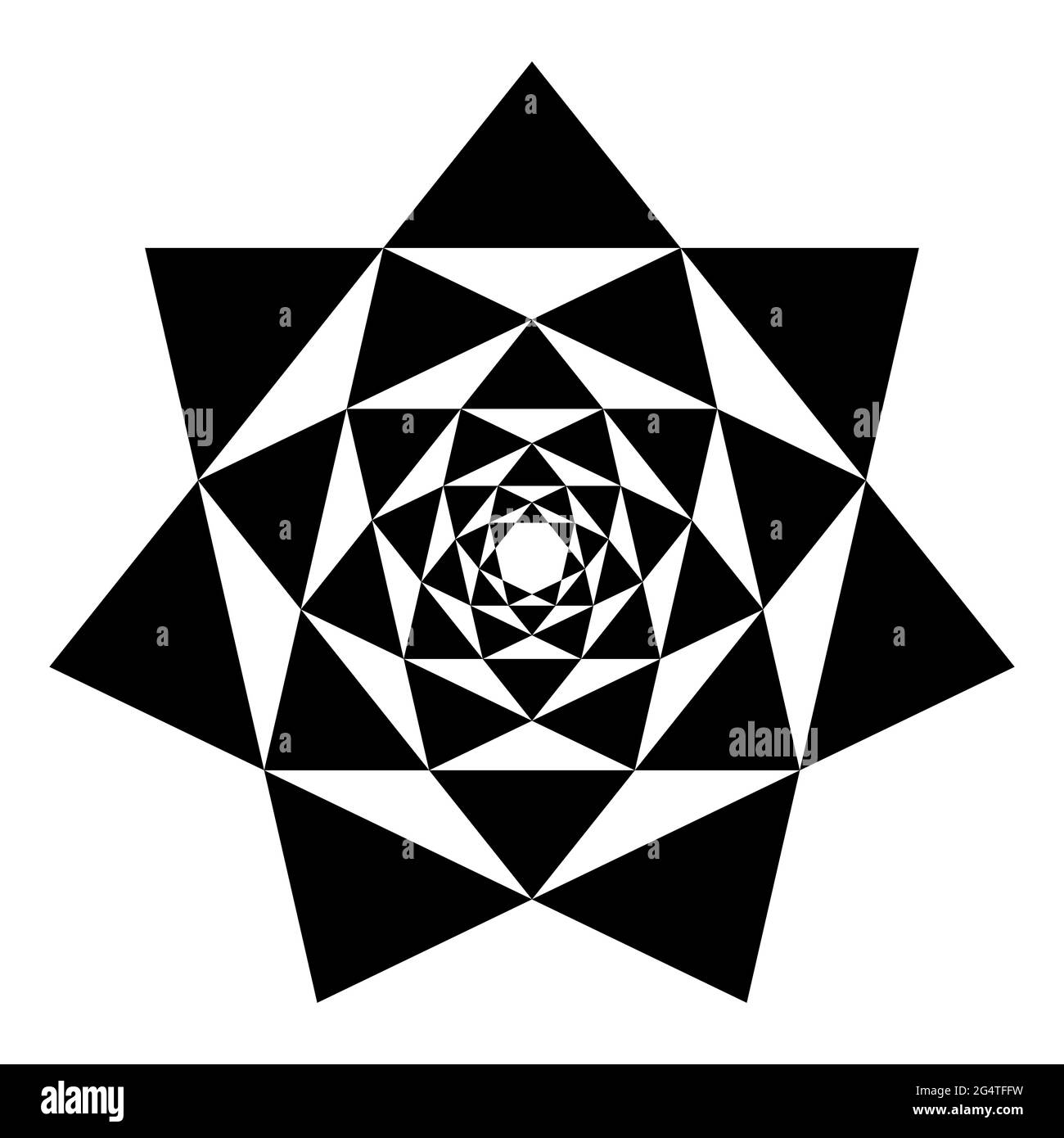 Heptagragramme in Heptagragrammen. Kreuzungspunkte von sieben Sternen mit sieben Spitzen, die einer in den anderen platziert ist, was gleichschenklige Dreiecke ergibt. Stockfoto
