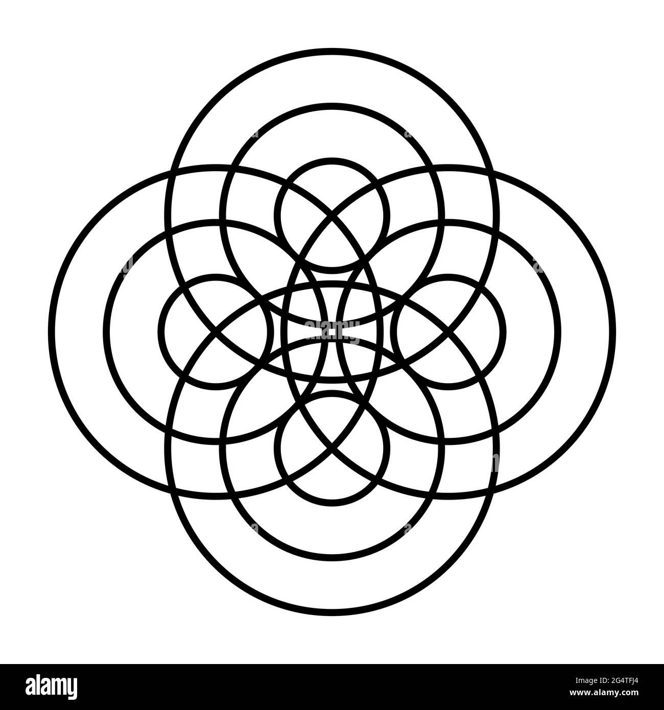 Symbol aus konzentrischen Kreisen. An vier verschiedenen Punkten breiten sich drei Wellen konzentrisch aus, ähnlich wie Wasserwellen, und führen zu einem Mandala. Stockfoto