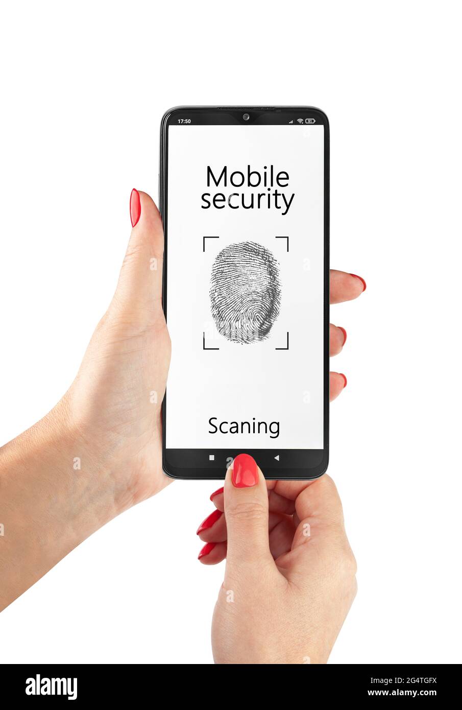 Online-Zahlung biometrisches Identifikationskonzept. Weibliche Hand hält Smartphone. HandzeigerApp für mobile Geldbörsen mit Fingerabdruck-Symbol auf dem Bildschirm des Geräts Stockfoto
