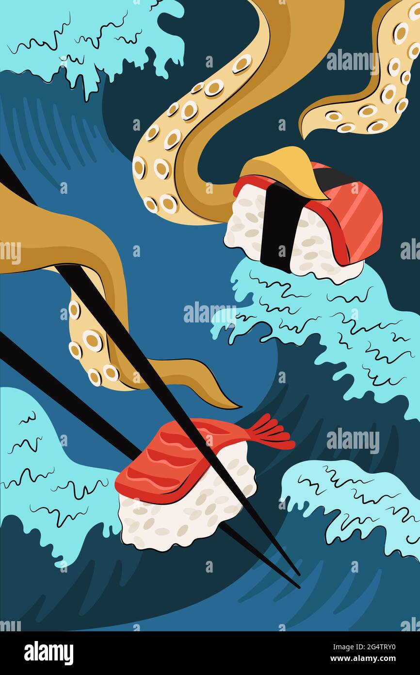 Handgezeichnetes japanisches Sushi- und Sashimi-Poster. Japan Nationalgericht Reis und roher Fisch und Garnelen. Tintenfisch oder Tintenfisch Tentakeln halten Essstäbchen auf Meereswellen. Promo-Banner für Seafood Rolls Bar-Menü Stock Vektor