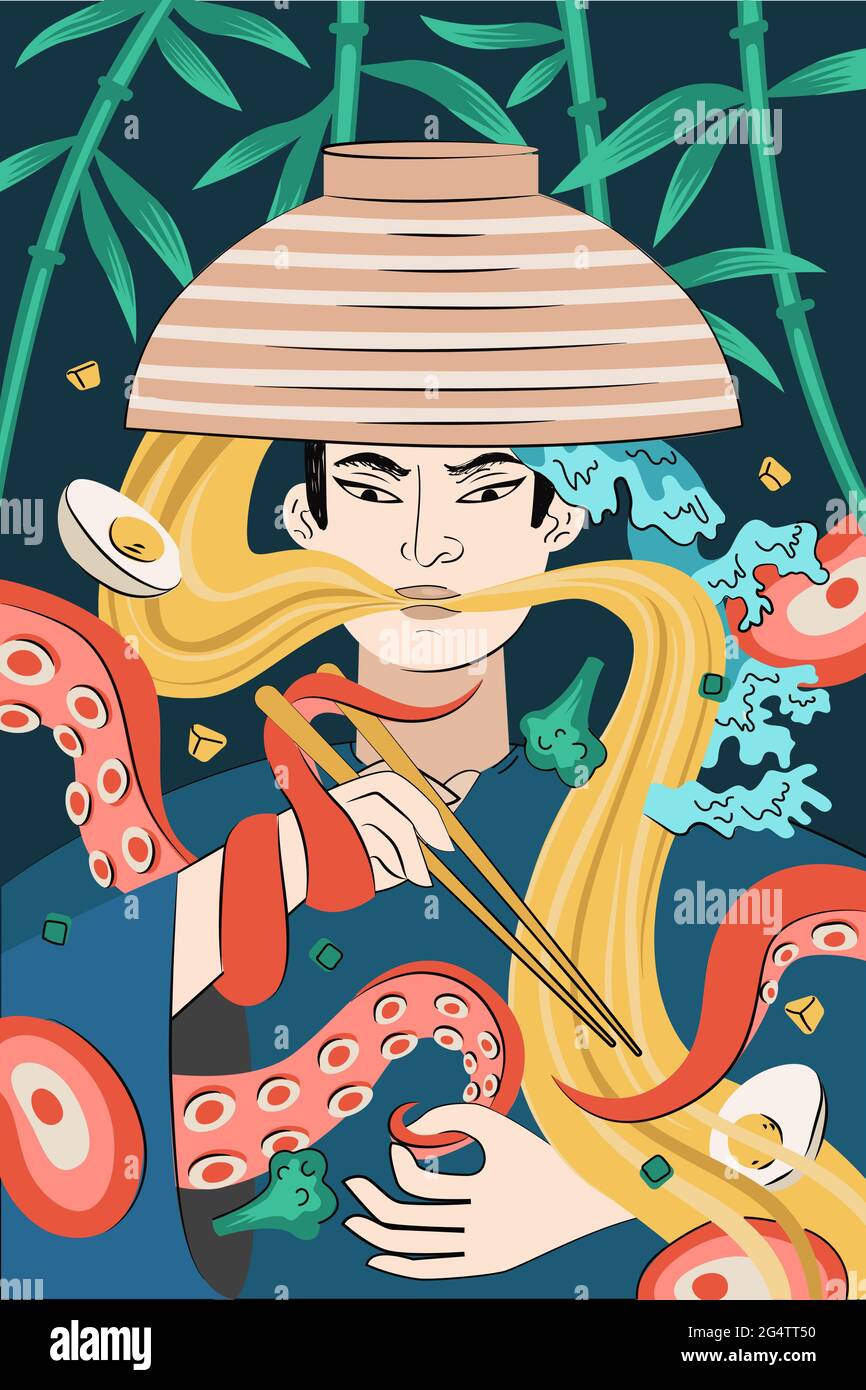 Handgezeichnetes japanisches Food Ramen-Poster. Japanisches Nudelgericht. Tintenfisch oder Tintenfisch-Tentakeln verschlungen Samurai mit Schüssel und Essstäbchen. Asiatische Café-Menü Werbung Banner oder Flyer Dekoration Stock Vektor