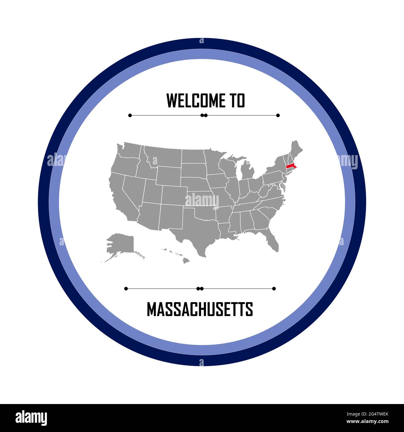 massachusetts, Karte der vereinigten Staaten von amerika mit Wahrzeichen von massachusetts, amerikanische Karte Stockfoto