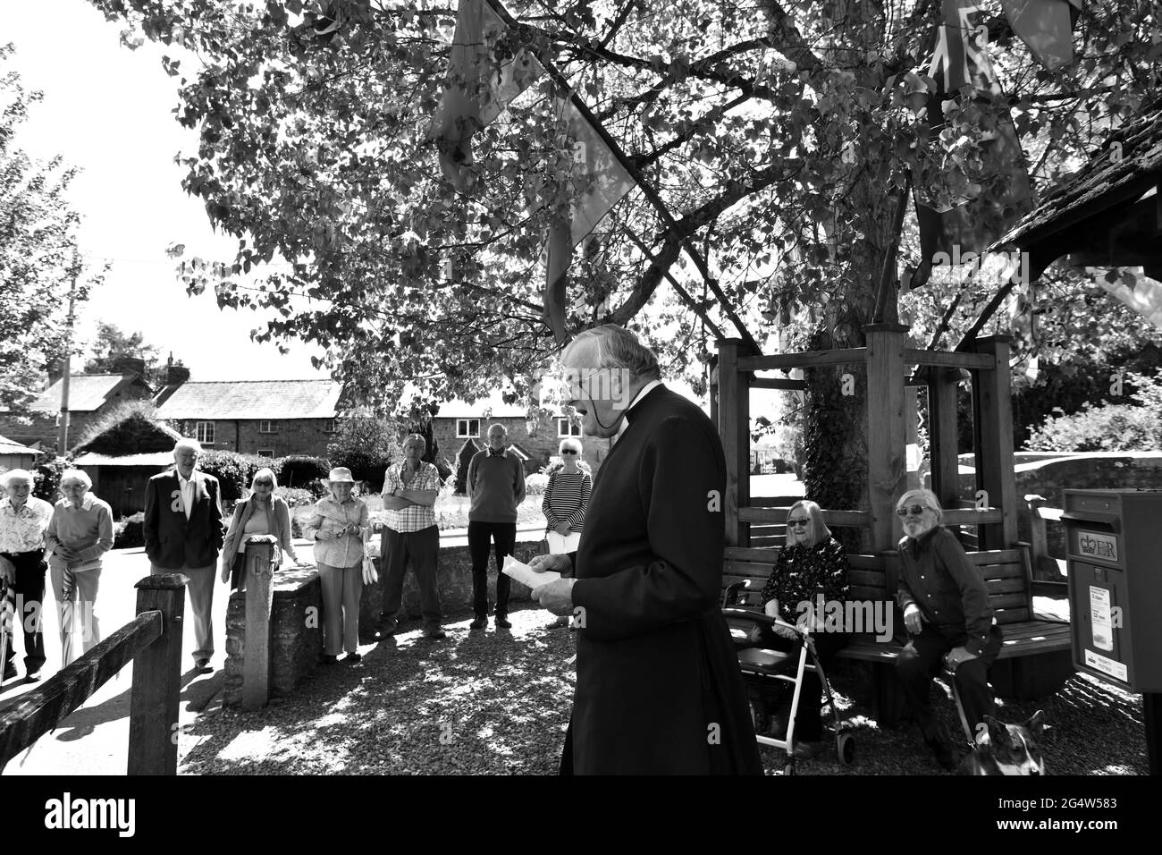 Aston on Clun, Shropshire, Großbritannien. Bewohner des südlichen Shropshire-Dorfes Aston auf Clun sitzen am Arbor Day unter dem berühmten schwarzen Pappelbaum. 20 Stockfoto