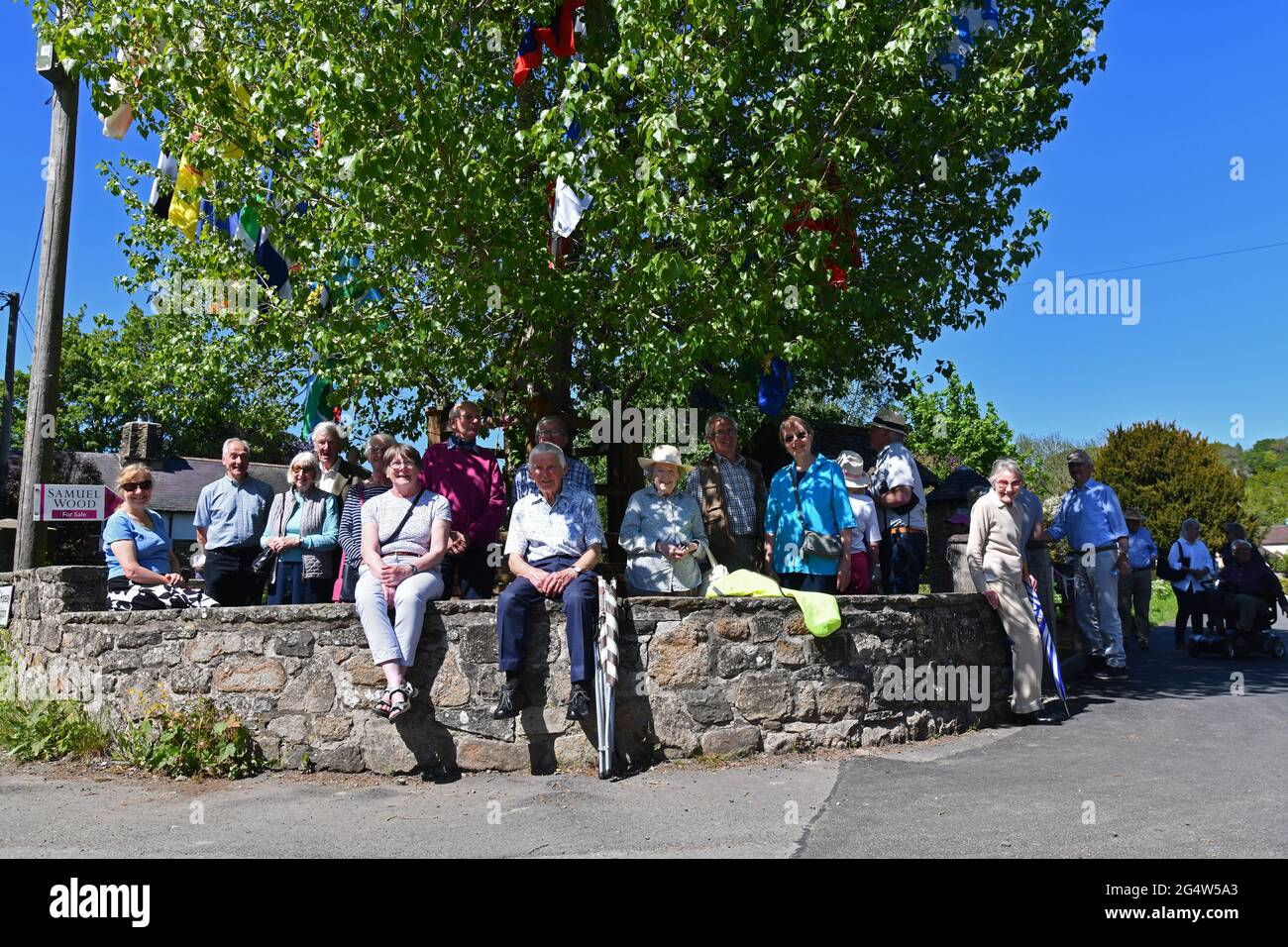 Aston on Clun, Shropshire, Großbritannien. Bewohner des südlichen Shropshire-Dorfes Aston auf Clun sitzen am Arbor Day unter dem berühmten schwarzen Pappelbaum. 20 Stockfoto