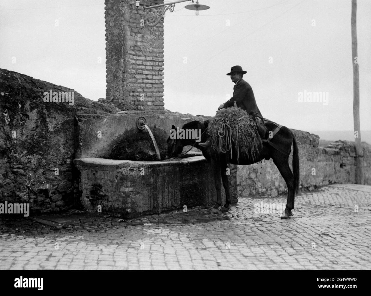 AJAXNETPHOTO. Circa.1908 -14. GENAUE LAGE UNBEKANNT, ITALIEN. - GRAND TOUR ALBUM; SCANS VON ORIGINAL IMPERIAL GLAS NEGATIVE - MANN AUF PFERD TRINKT AM BRUNNEN; MÖGLICHERWEISE IN DER NÄHE VON FLORENZ. FOTOGRAF: UNBEKANNT. QUELLE: AJAX VINTAGE PICTURE LIBRARY COLLECTION.CREDIT: AJAX VINTAGE PICTURE LIBRARY. REF; 1900 12 Stockfoto