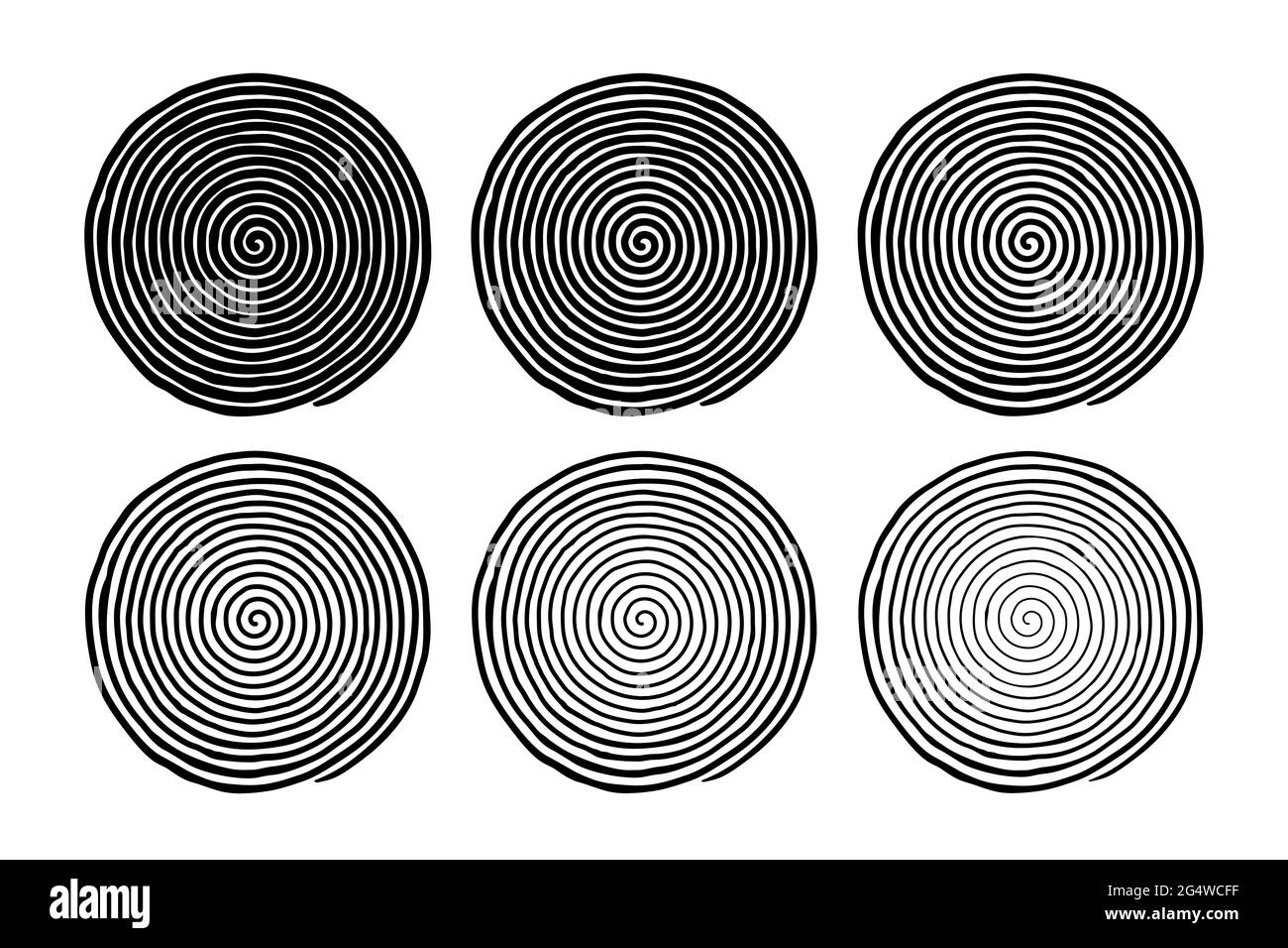Unregelmäßiger, handgezogener Spiralsatz mit sechs verschiedenen Linienstärken. Flache Vektorzeichnungen auf weißem Hintergrund isoliert, EPS 8. Stock Vektor
