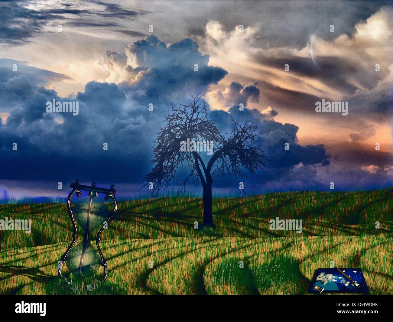 Symbolische Komposition. Ende der Zeit. Kunst und Sanduhr auf grünem Feld. 3D-Rendering Stockfoto