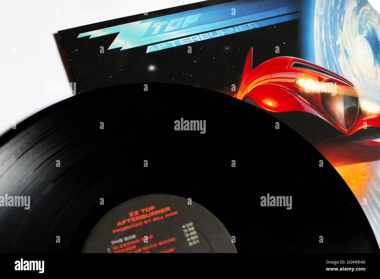 Rock- und Synthrock-Band, ZZ Top-Musikalbum auf Vinyl-Schallplatte. Titel: Afterburner Album Cover Stockfoto