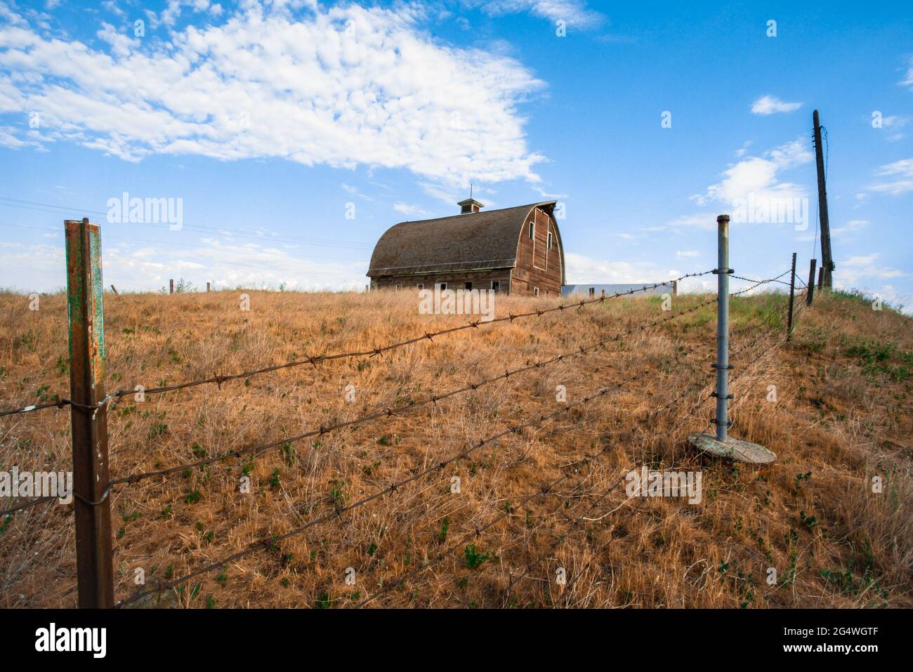 Verlassene alte hölzerne rote Scheune in ländlicher Farmlandschaft Stockfoto