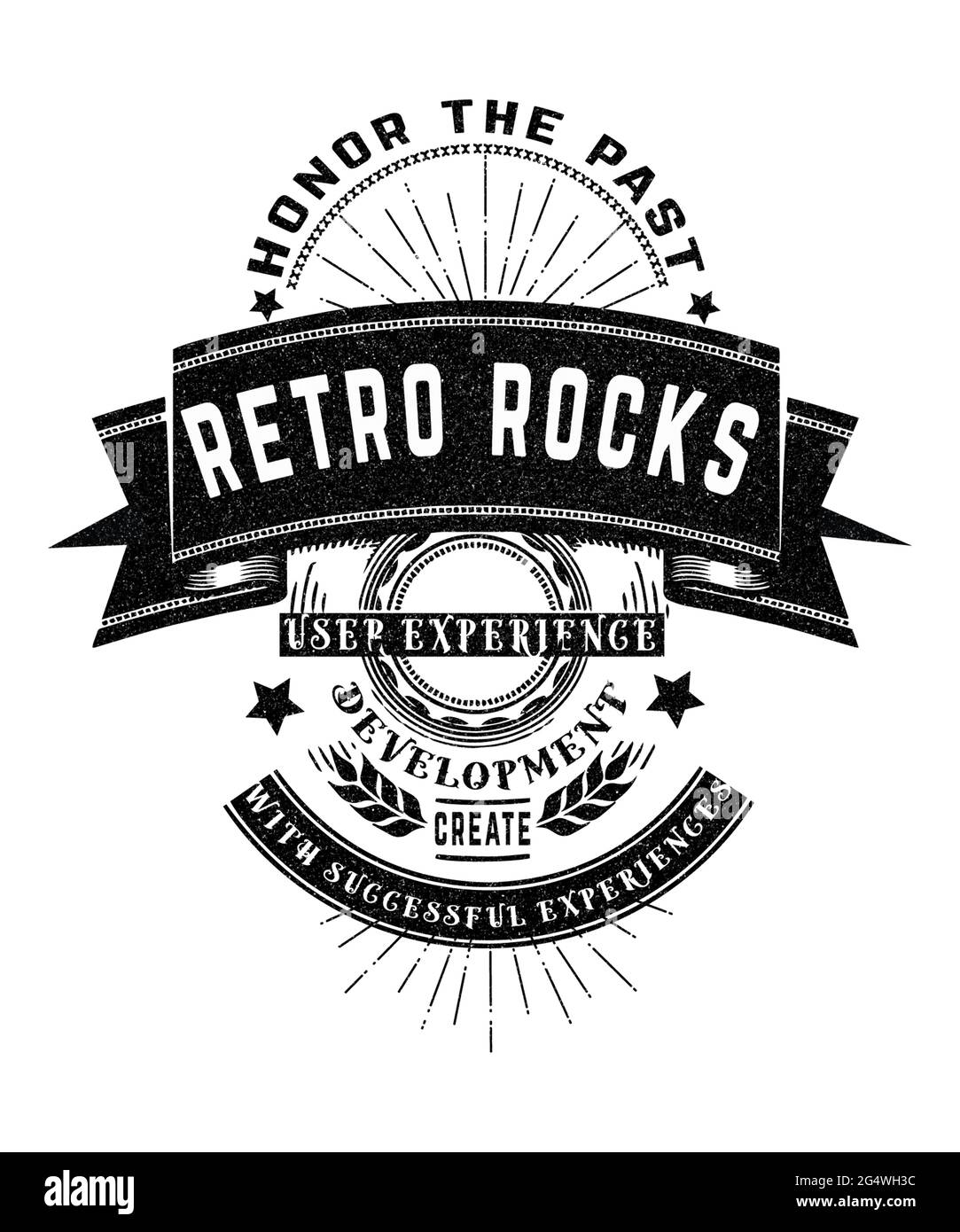 Retro Rocks sagt, Ehre die Vergangenheit, User Experience Entwicklung, schaffen mit erfolgreichen Erfahrungen. Eine Hommage an die Weisheit, die nur Zeit und Erfahrung Stockfoto