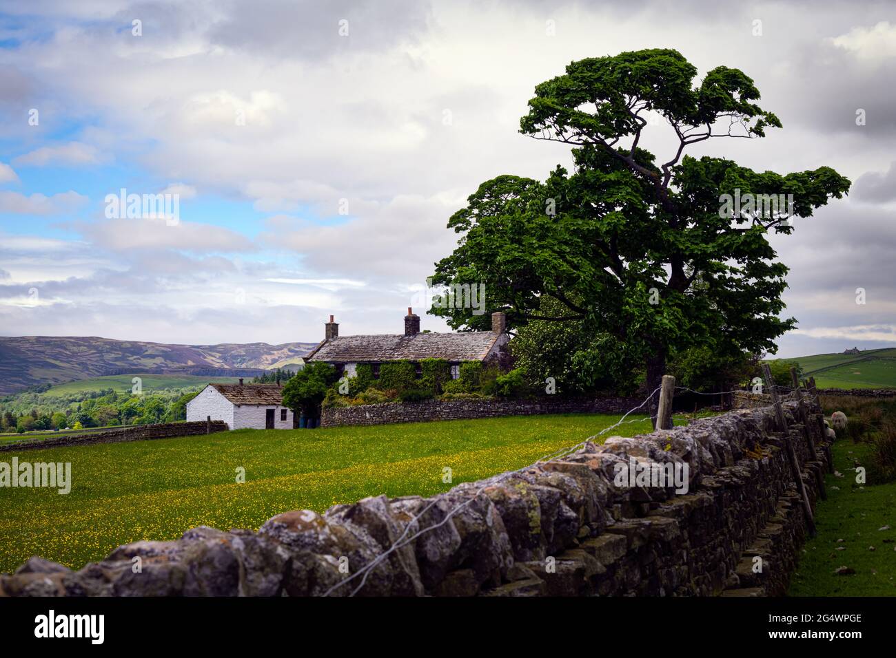 UPPER TEESDALES, ENGLAND - 9. JUNI 2021: Typisches Haus und weiß getünchte Scheune im Frühjahr in Upper Teesdale, County Durham, England Stockfoto