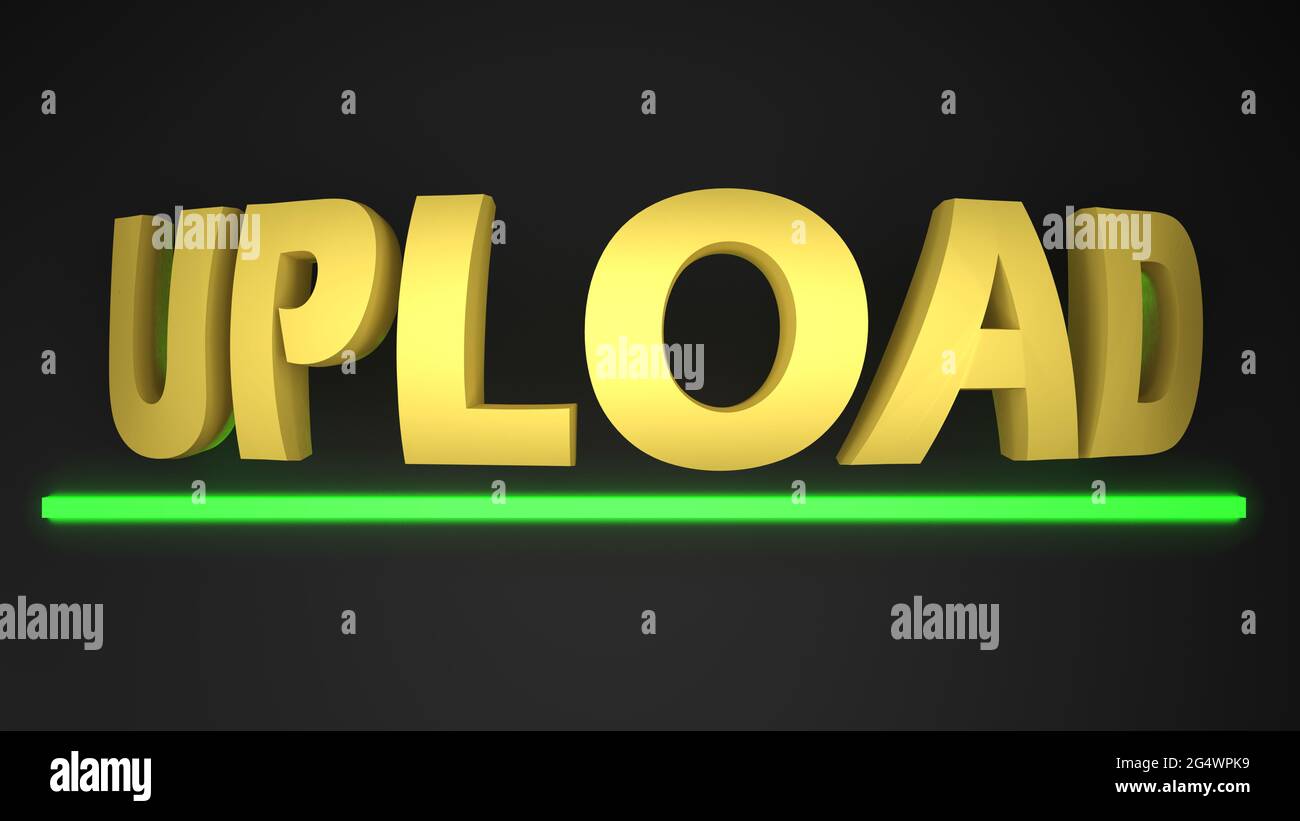 GELBES Schreiben auf schwarzem Hintergrund mit darunter liegendem grünen Balken hochladen - 3D-Rendering-Illustration Stockfoto