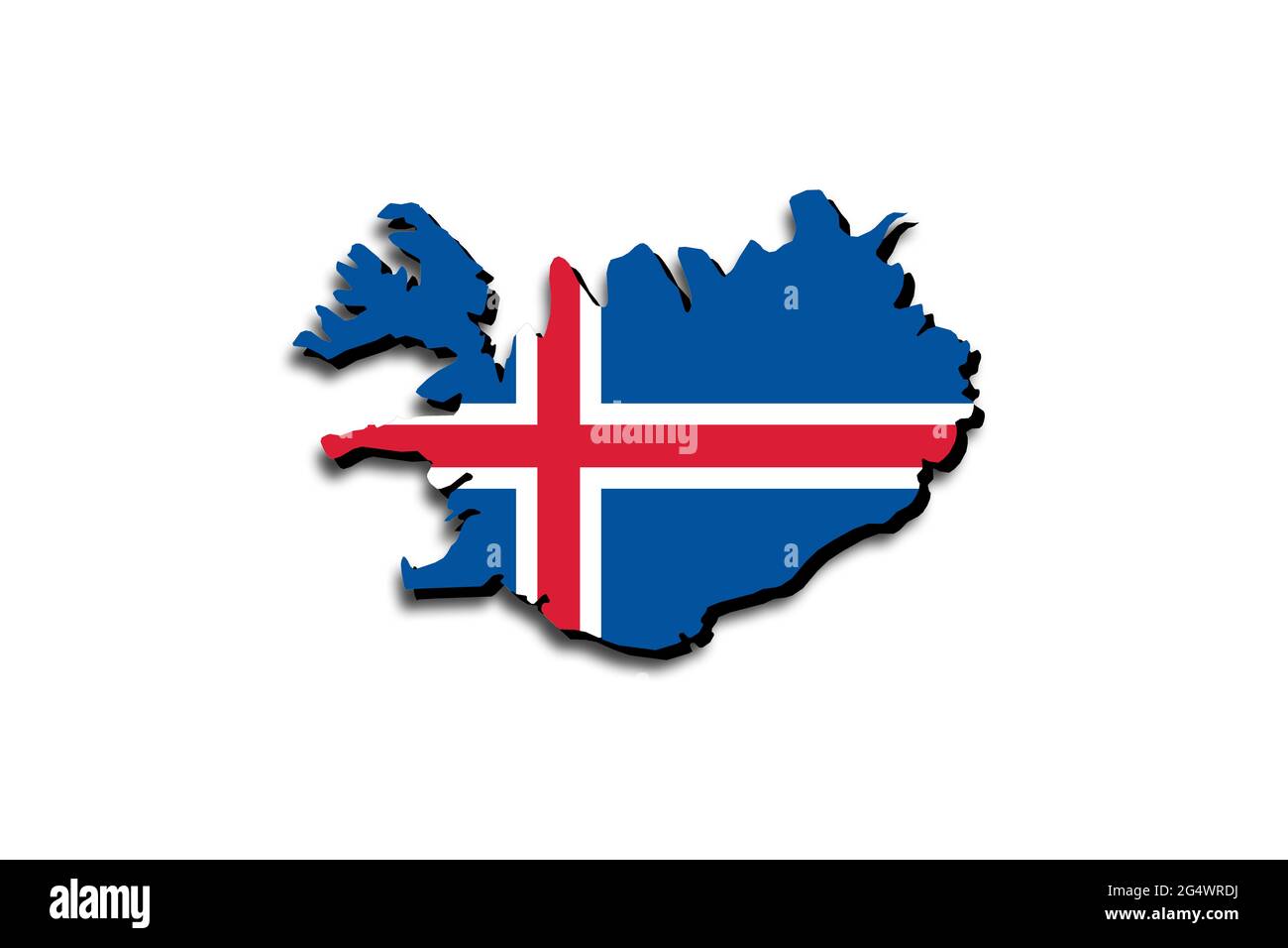 Übersichtskarte von Island mit der Nationalflagge über dem Land. 3D-Grafiken, die einen Schatten auf den weißen Hintergrund werfen Stockfoto