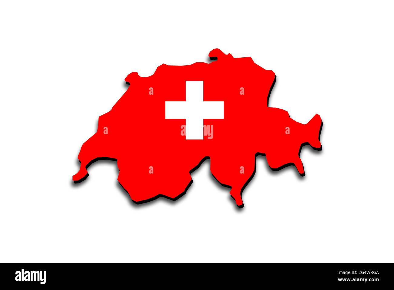 Übersichtskarte der Schweiz mit überlagerter Nationalflagge. 3D-Grafiken, die einen Schatten auf den weißen Hintergrund werfen Stockfoto