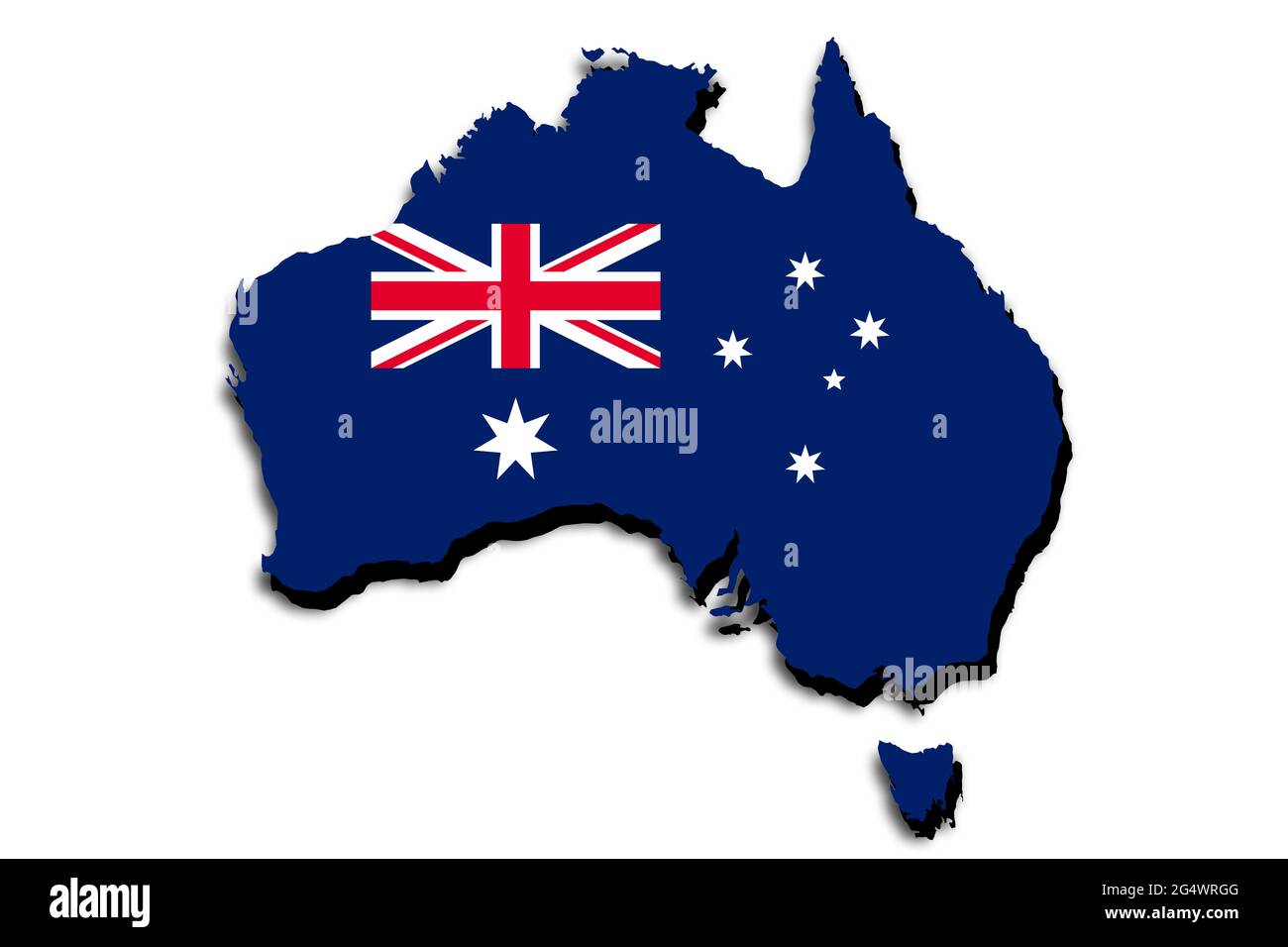 Übersichtskarte von Australien mit überlagerter Nationalflagge. 3D-Grafiken, die einen Schatten auf den weißen Hintergrund werfen Stockfoto