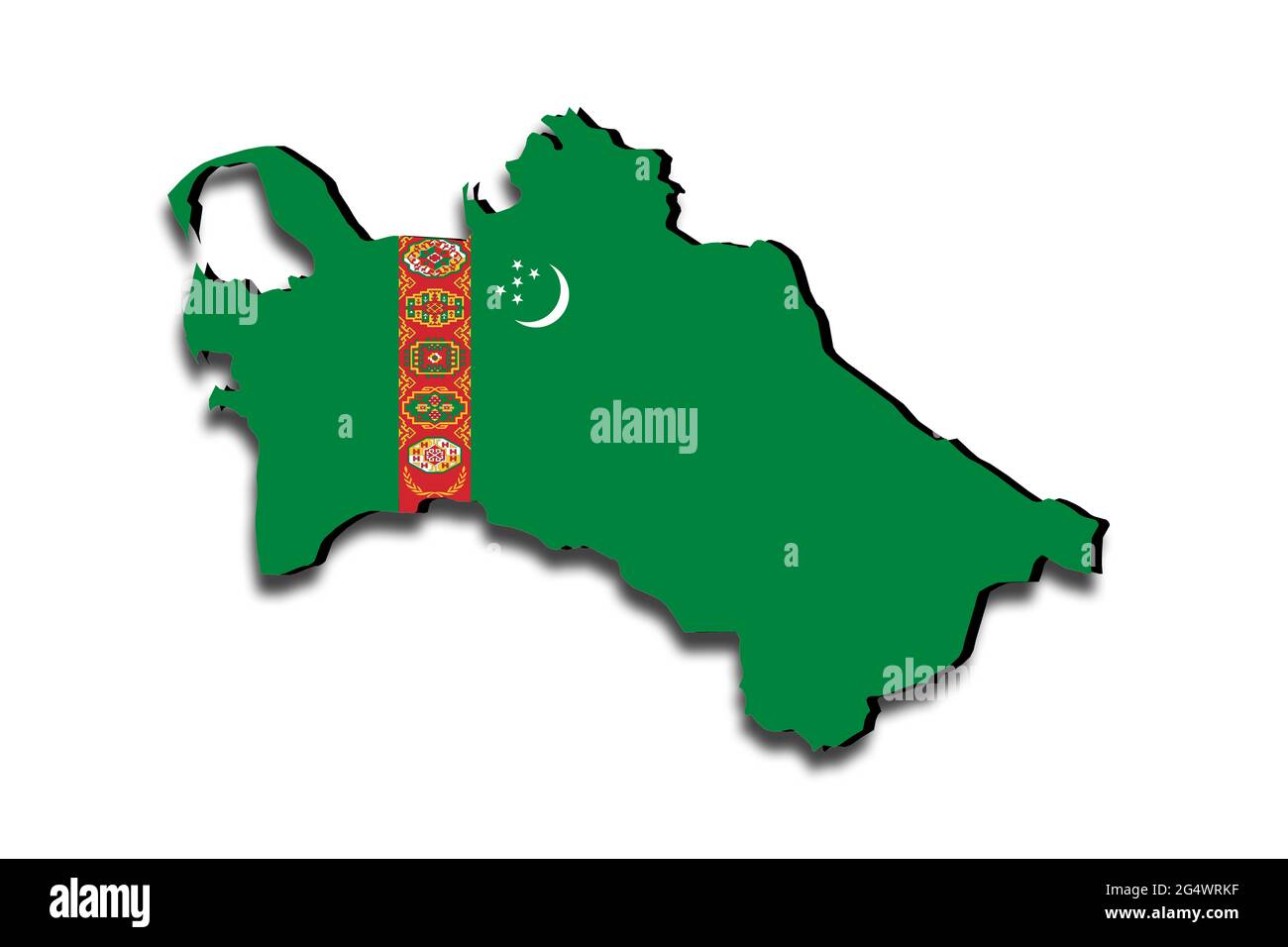 Übersichtskarte von Turkmenistan mit der Nationalflagge über dem Land. 3D-Grafiken, die einen Schatten auf den weißen Hintergrund werfen Stockfoto
