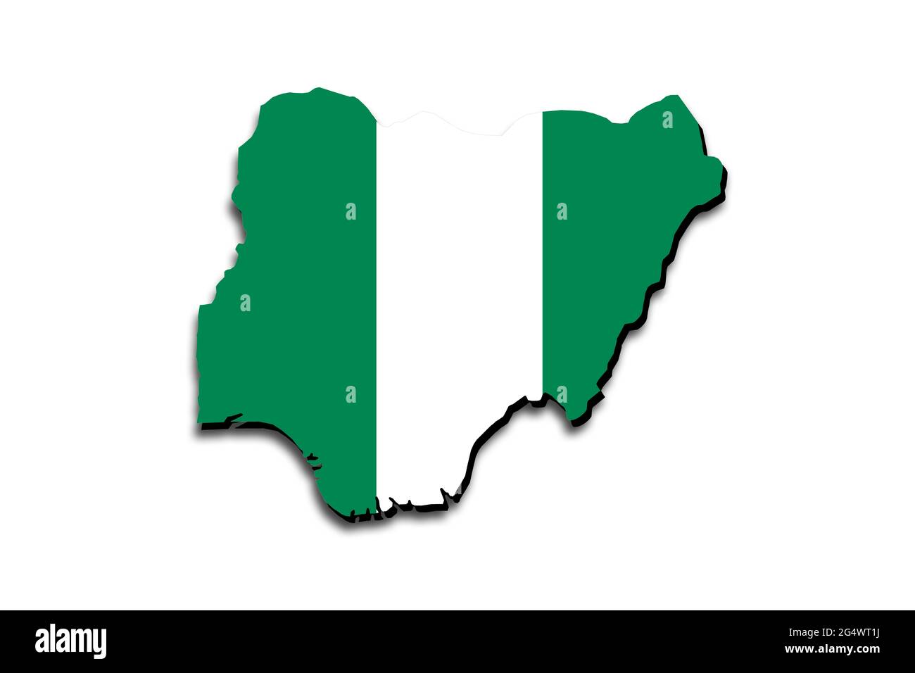 Übersichtskarte von Nigeria mit überlagerter Nationalflagge. 3D-Grafiken, die einen Schatten auf den weißen Hintergrund werfen Stockfoto