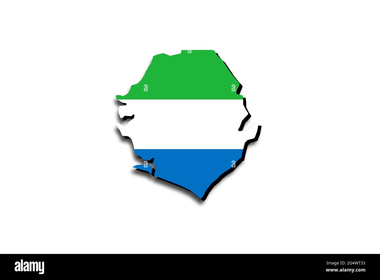 Übersichtskarte von Sierra Leone mit überlagerter Nationalflagge. 3D-Grafiken, die einen Schatten auf den weißen Hintergrund werfen Stockfoto