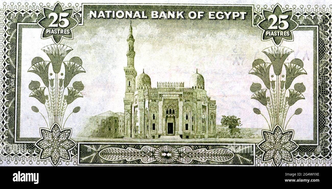 Die Rückseite einer alten 25 25 ägyptischen Piaster Banknotenausgabe 1956 mit der Abu El-Abbas El-Morsi Moschee in Alexandria, flankiert von Lotusflowe Stockfoto