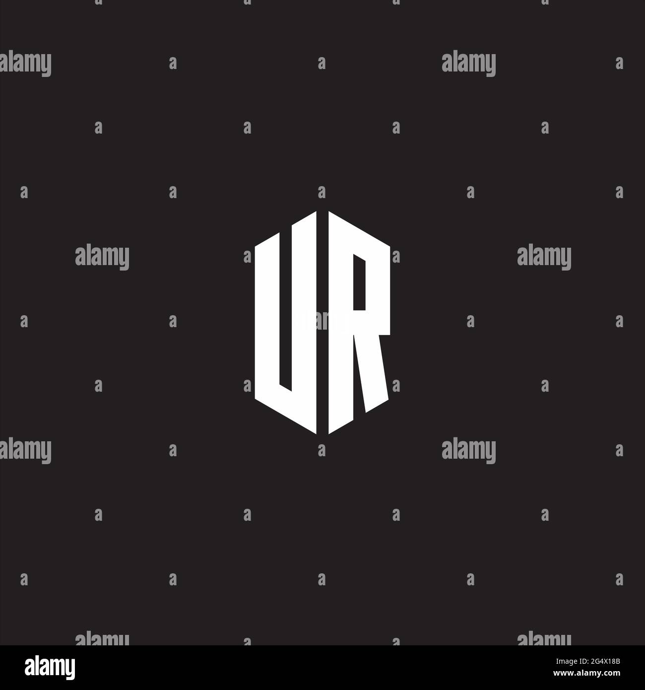 UR Logo-Monogramm mit sechseckiger Designvorlage auf schwarzem Hintergrund isoliert Stock Vektor