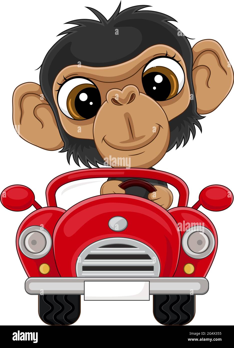 Cartoon Baby Schimpansen fahren roten Auto Stock Vektor