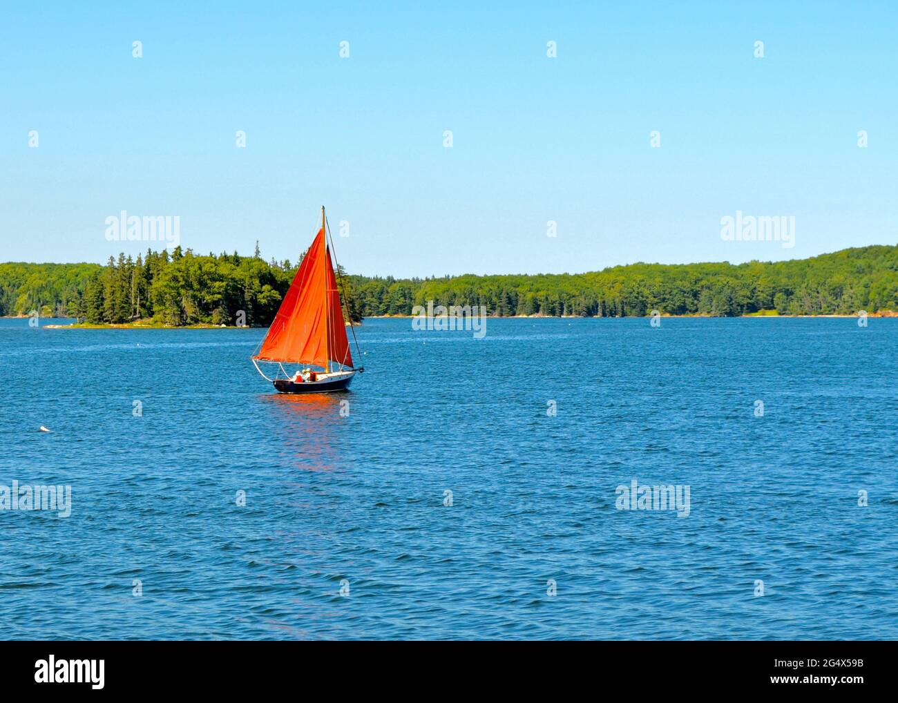 Ein Segelboot mit rotem Segel auf der East Penobscot Bay, Maine, USA. Stockfoto