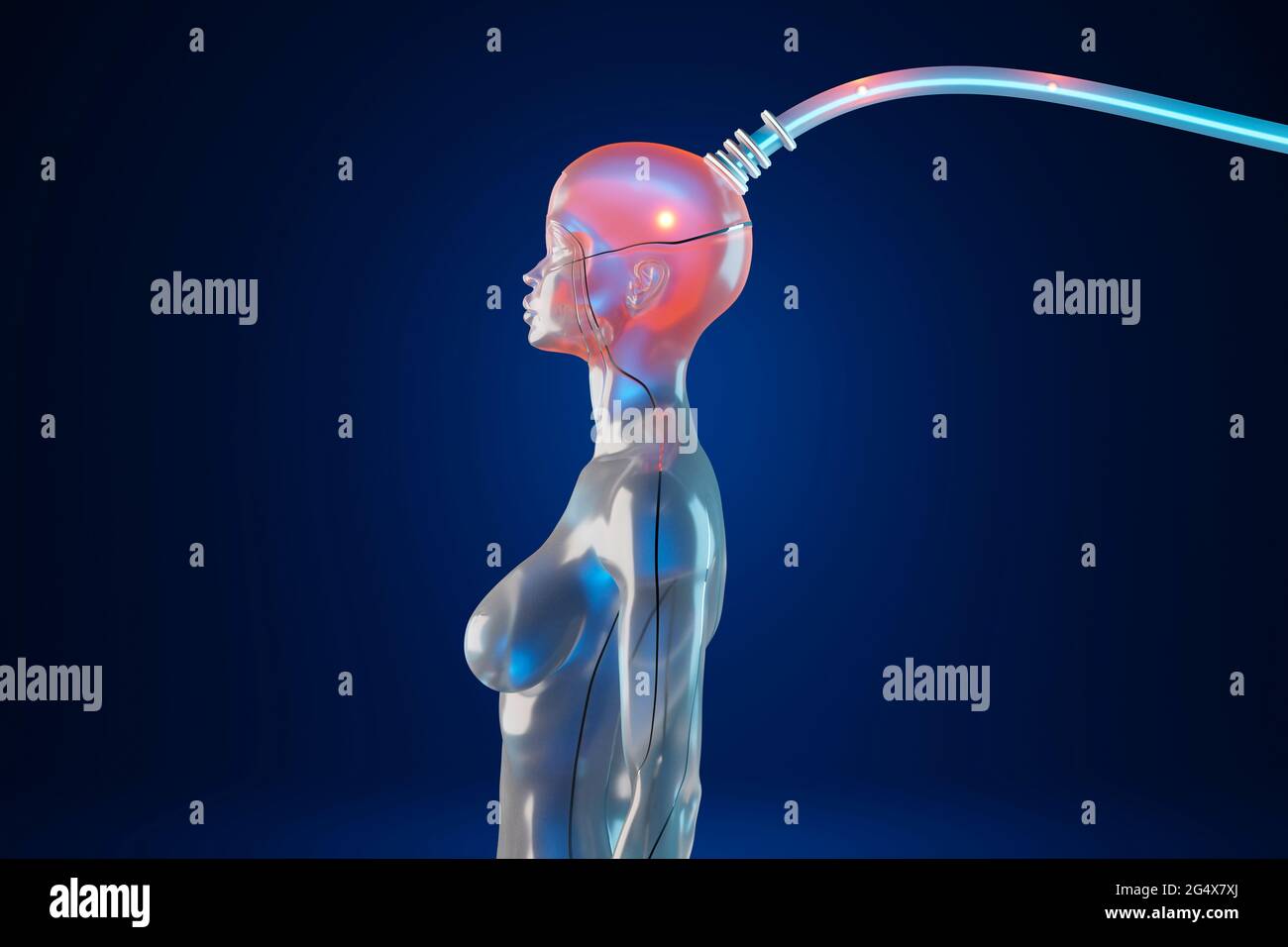 3D-Illustration einer Maschine, die das menschliche Bewusstsein in den Cyborg-Körper herunterlädt Stockfoto