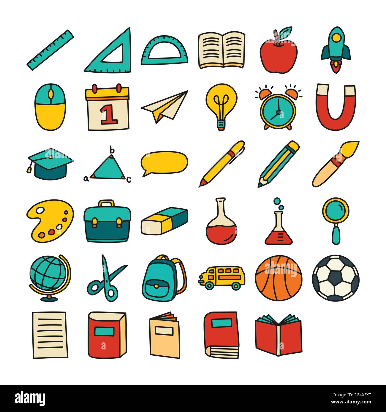 Back to School Icon Set gefüllt Umriss Stil. Bildung Handgezeichnete Objekte und Symbole. Stock Vektor