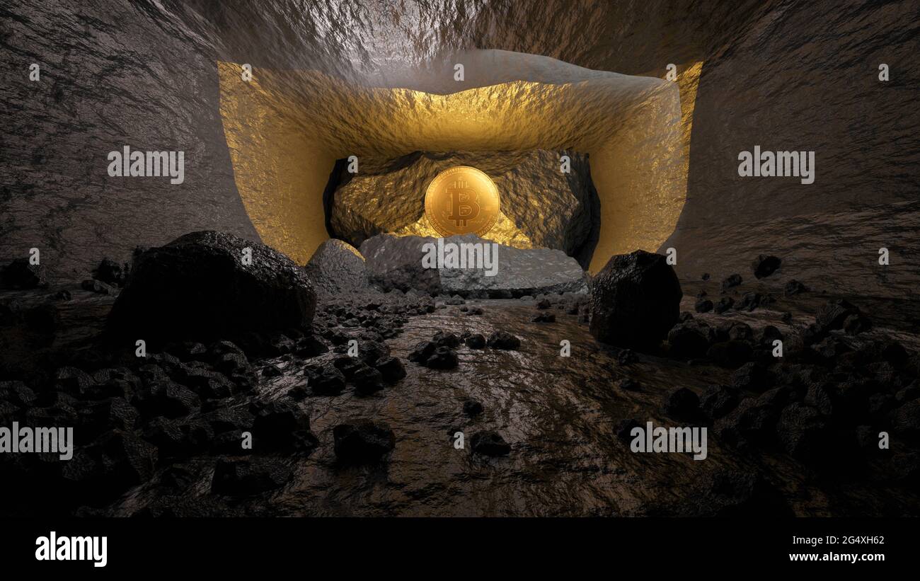 Dreidimensionales Rendern der Bitcoin-Kugel, die in einer Höhle leuchtet und Kryptowährungsbergbau symbolisiert Stockfoto