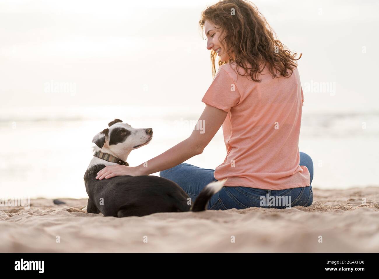 Lächelnde junge Frau streichelte Jack Russell Terrier, während sie am Strand saß Stockfoto