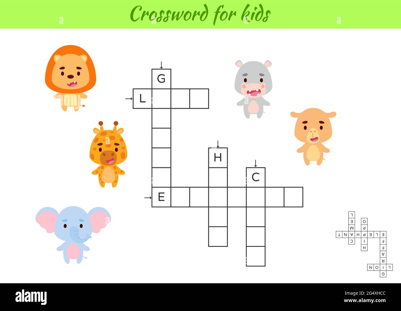 Kreuzworträtsel für Kinder mit Bildern von Tieren. Lernspiel für Englisch Sprache und Worte zu studieren. Druckbares Arbeitsblatt für untergeordnete Vorgänge. Enthält eine Stock Vektor