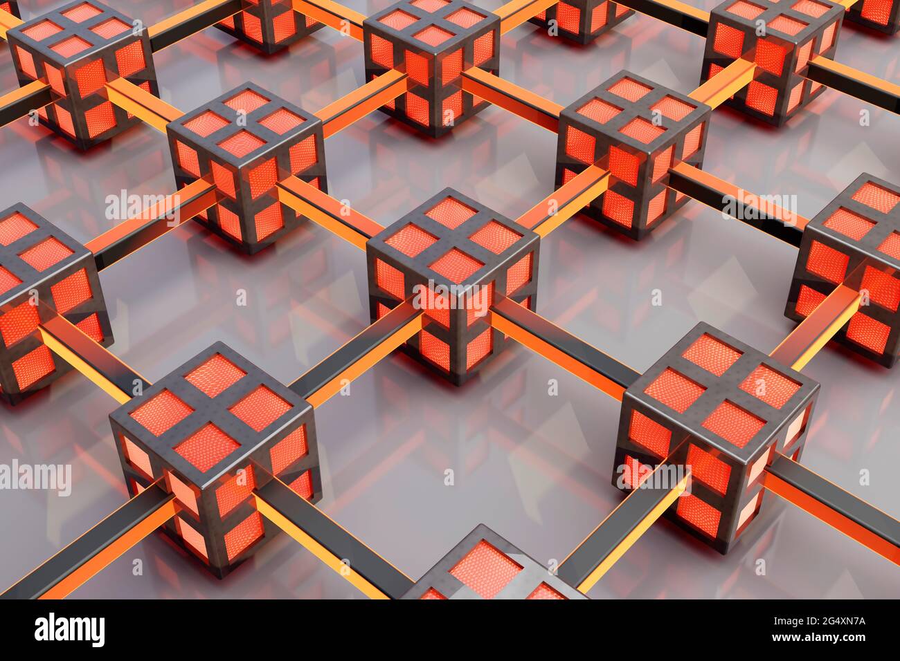 Dreidimensionales Muster von miteinander verbundenen Würfeln, die ein Computernetzwerk bilden Stockfoto