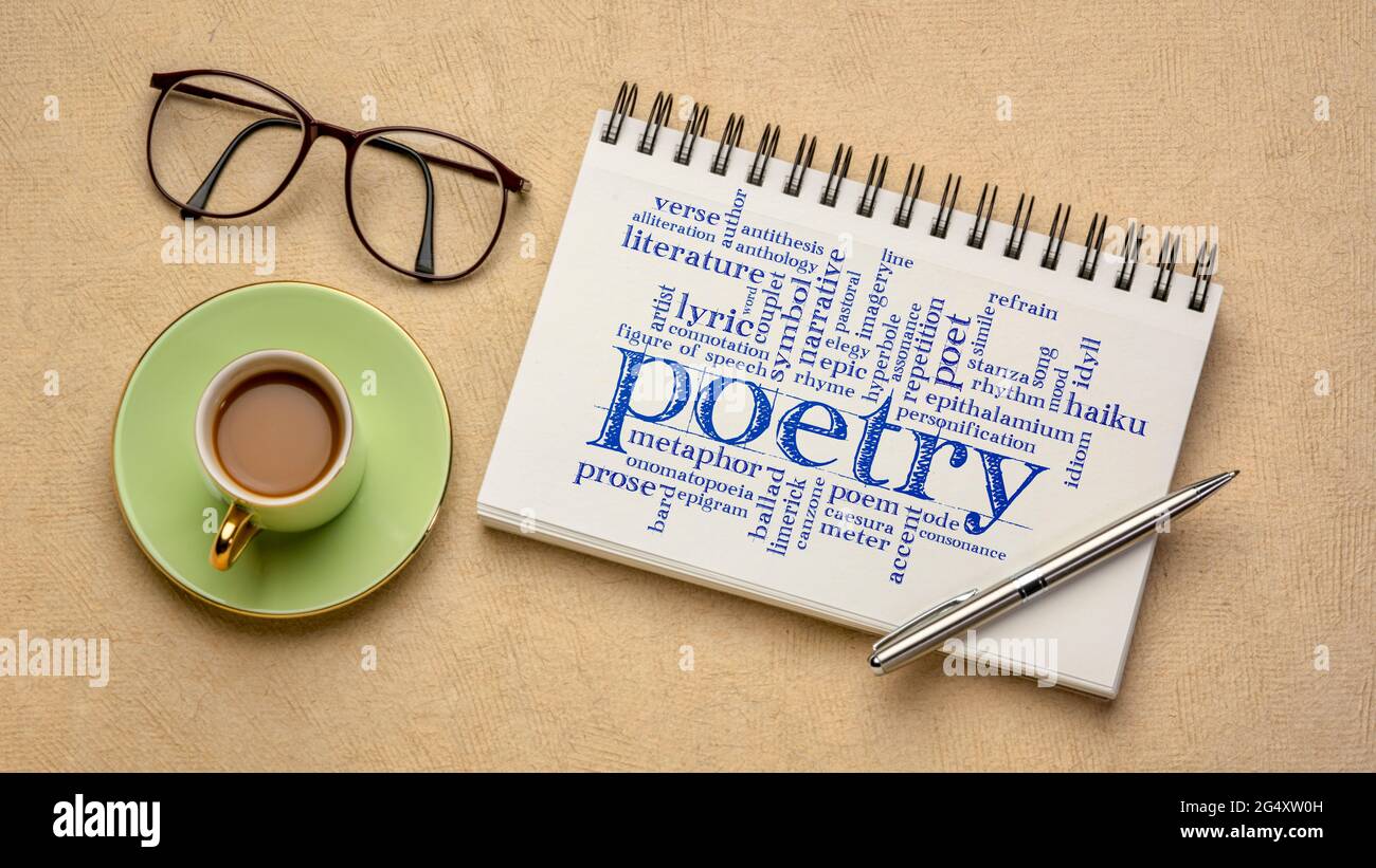 Poesie Wortwolke - Handschrift in einem spiralförmigen Skizzenbuch mit einer Tasse Kaffee gegen strukturiertes Rindenpapier, Kunst, Literatur, Geschichtenerzählen und Kreativität Stockfoto
