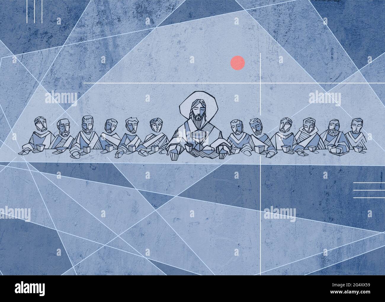 Handgezeichnete Illustration oder Zeichnung von Jesus Christus mit Jüngern beim Letzten Abendmahl Stockfoto