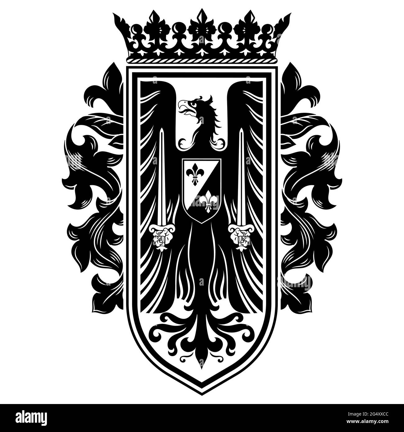 Ritterdesign. Mittelalterliches Wappentier, Wappadler und Ritterschild Stock Vektor