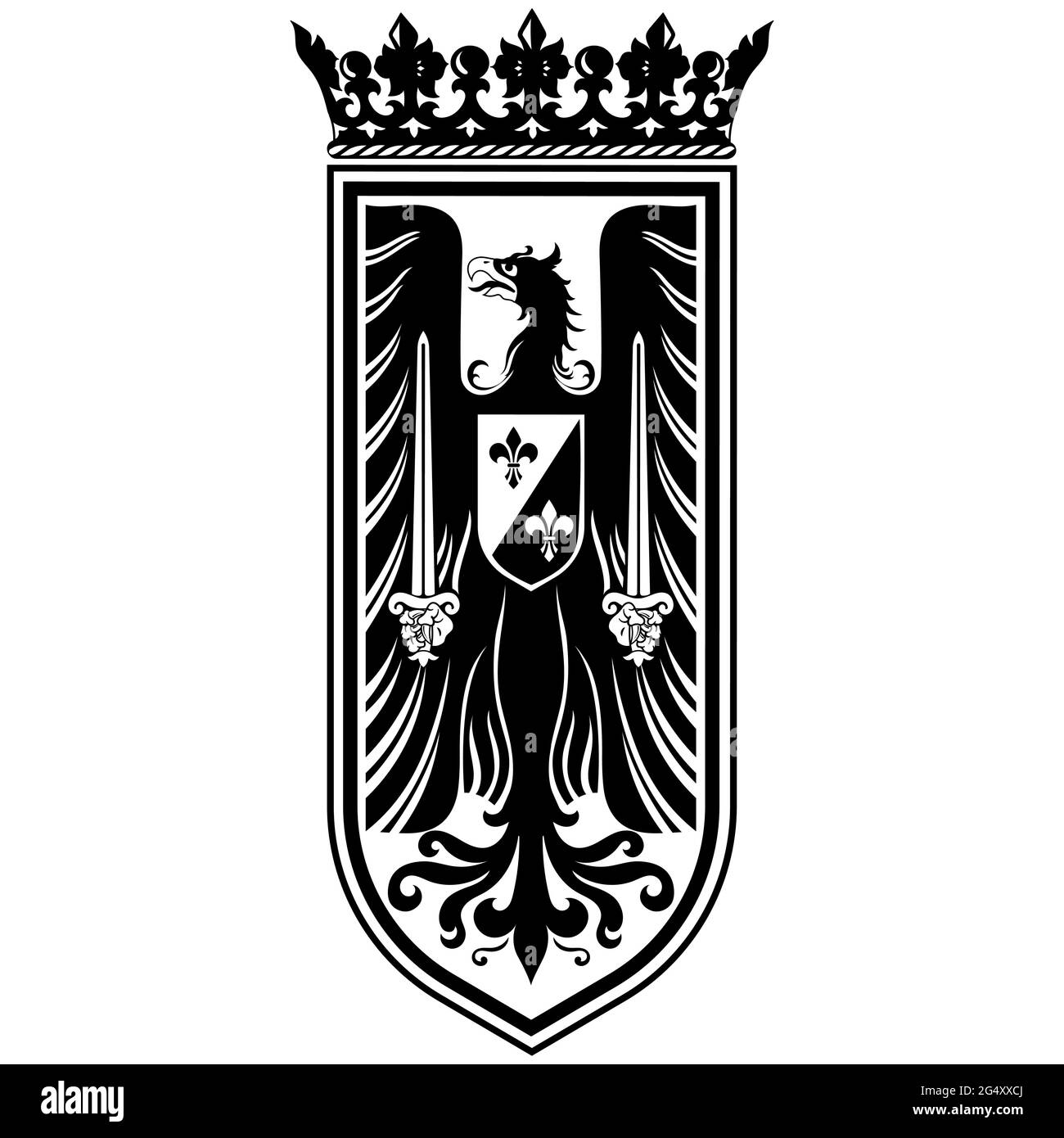 Ritterdesign. Mittelalterliches Wappentier, Wappadler und Ritterschild Stock Vektor