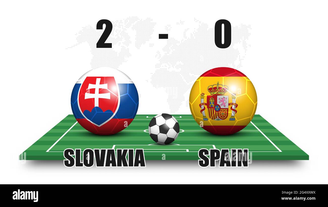 Slowakei vs Spanien . Fußball mit Nationalflaggenmuster auf perspektivischen Fußballfeld. Gepunkteter Weltkarte Hintergrund . Fußballspiel Ergebnis und SCO Stock Vektor