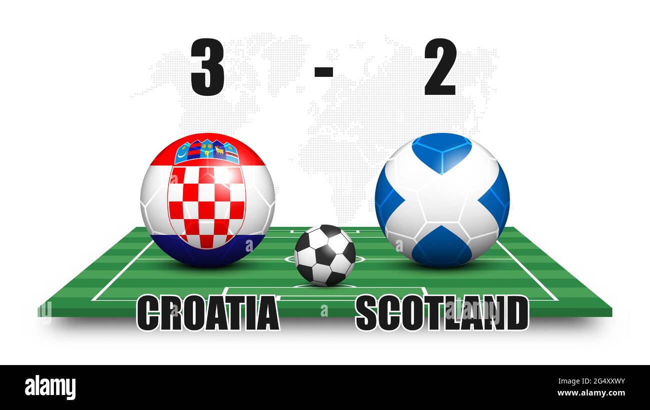 Kroatien vs Schottland . Fußball und Nationalflaggenmuster auf perspektivischen Fußballfeld . Gepunkteter Weltkarte Hintergrund . Fußballspiel-Ergebnis und sc Stock Vektor