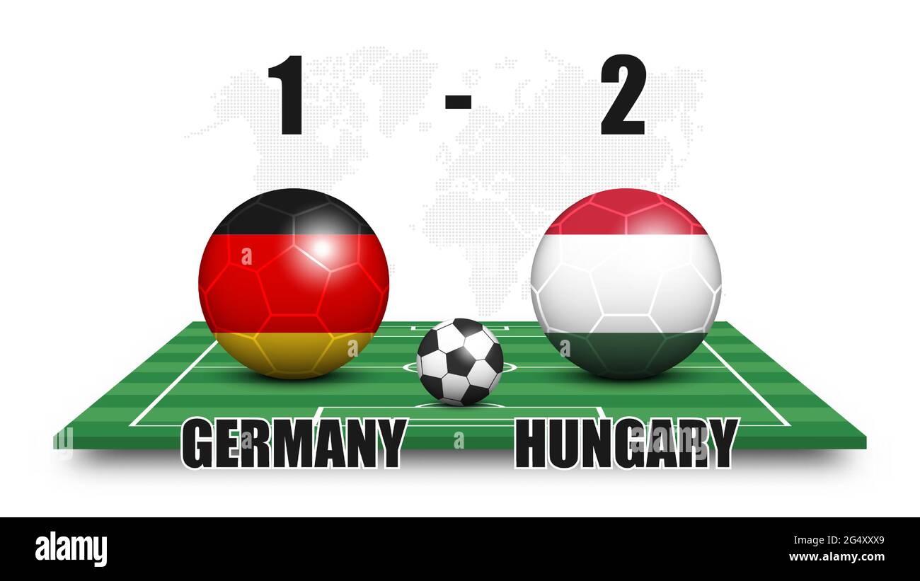 Deutschland vs Ungarn . Fußball mit Nationalflaggenmuster auf  perspektivischen Fußballfeld. Gepunkteter Weltkarte Hintergrund .  Fußballspiel-Ergebnis und sc Stock-Vektorgrafik - Alamy