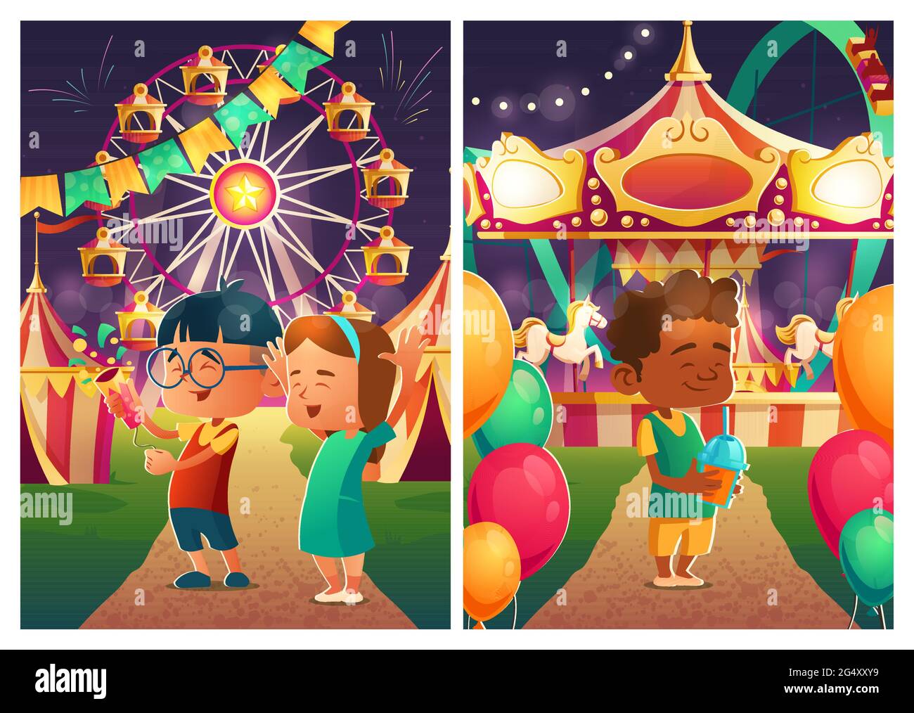 Fröhliche Kinder im Karneval Jahrmarkt in der Nacht. Vergnügungspark mit Zirkuszelt, Achterbahn, Karussell, Riesenrad und Feuerwerk am Himmel. Vector Cartoon Sommerlandschaft mit Messegelände und Kindern Stock Vektor