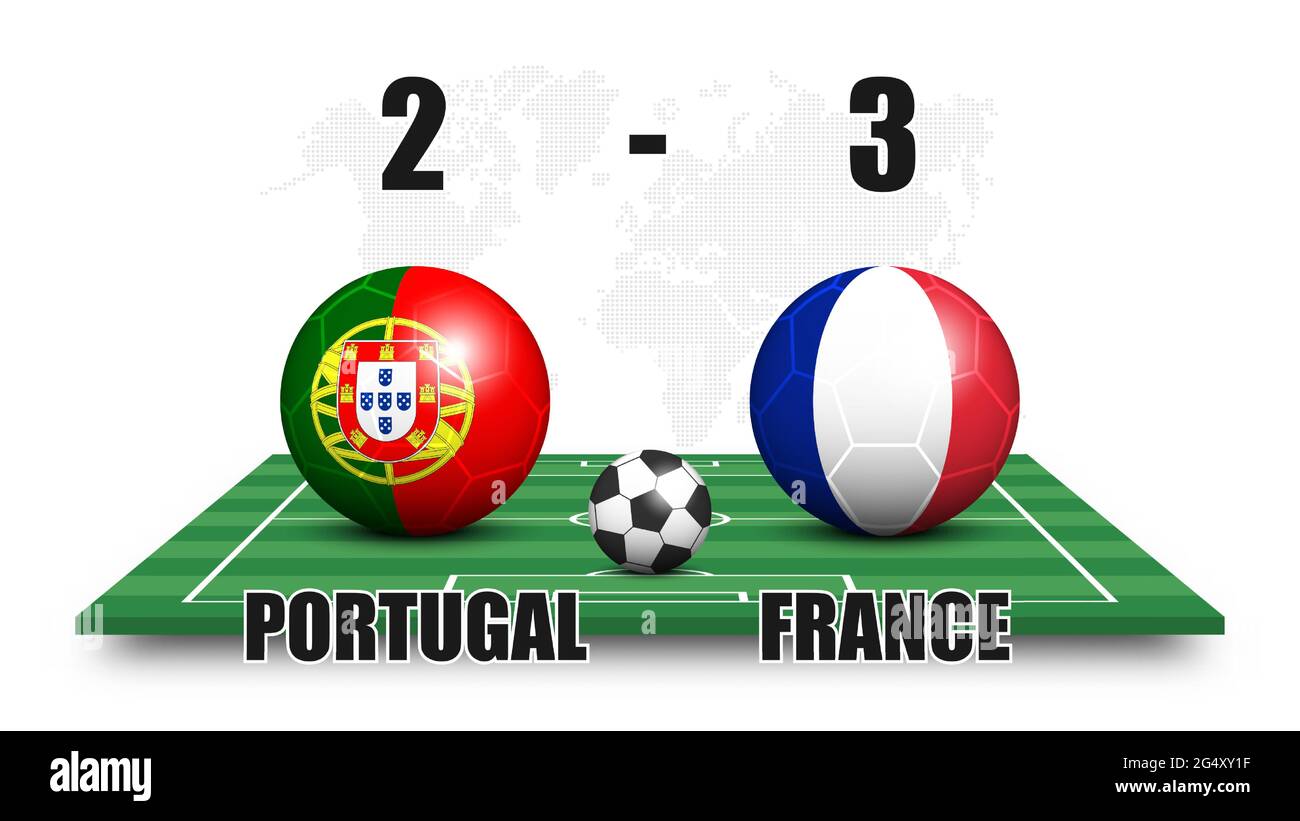 Portugal vs Frankreich . Fußball mit Nationalflaggenmuster auf perspektivischen Fußballfeld. Gepunkteter Weltkarte Hintergrund . Fußballspiel-Ergebnis und sc Stock Vektor