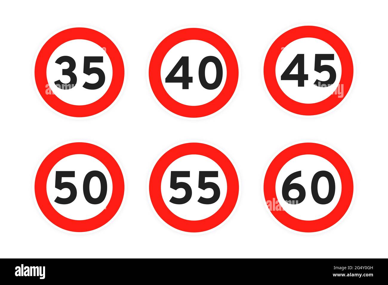 Geschwindigkeitsbegrenzung 35, 40, 45, 50, 55, 60 Runde Straße Verkehrssymbol Schild flach Stil Design Vektor Illustration Set isoliert auf weißem Hintergrund. Kreisstandar Stock Vektor