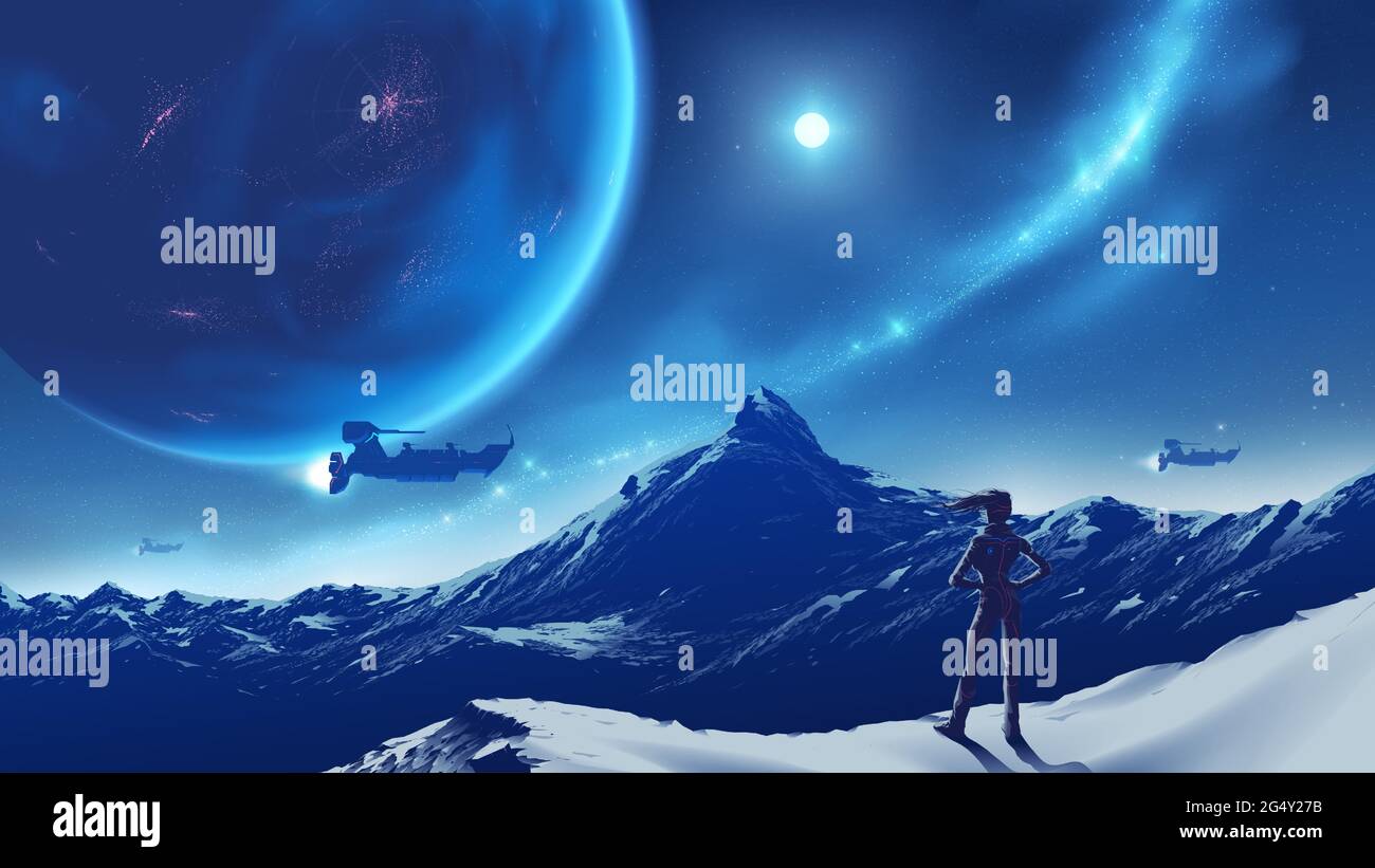 Science-Fiction-Vektor-Illustration einer Dame, die auf dem Gipfel steht, und die riesige Bergkulisse, die am Himmel von einem bewohnbaren Planeten auf einem Stück zu sehen ist Stock Vektor