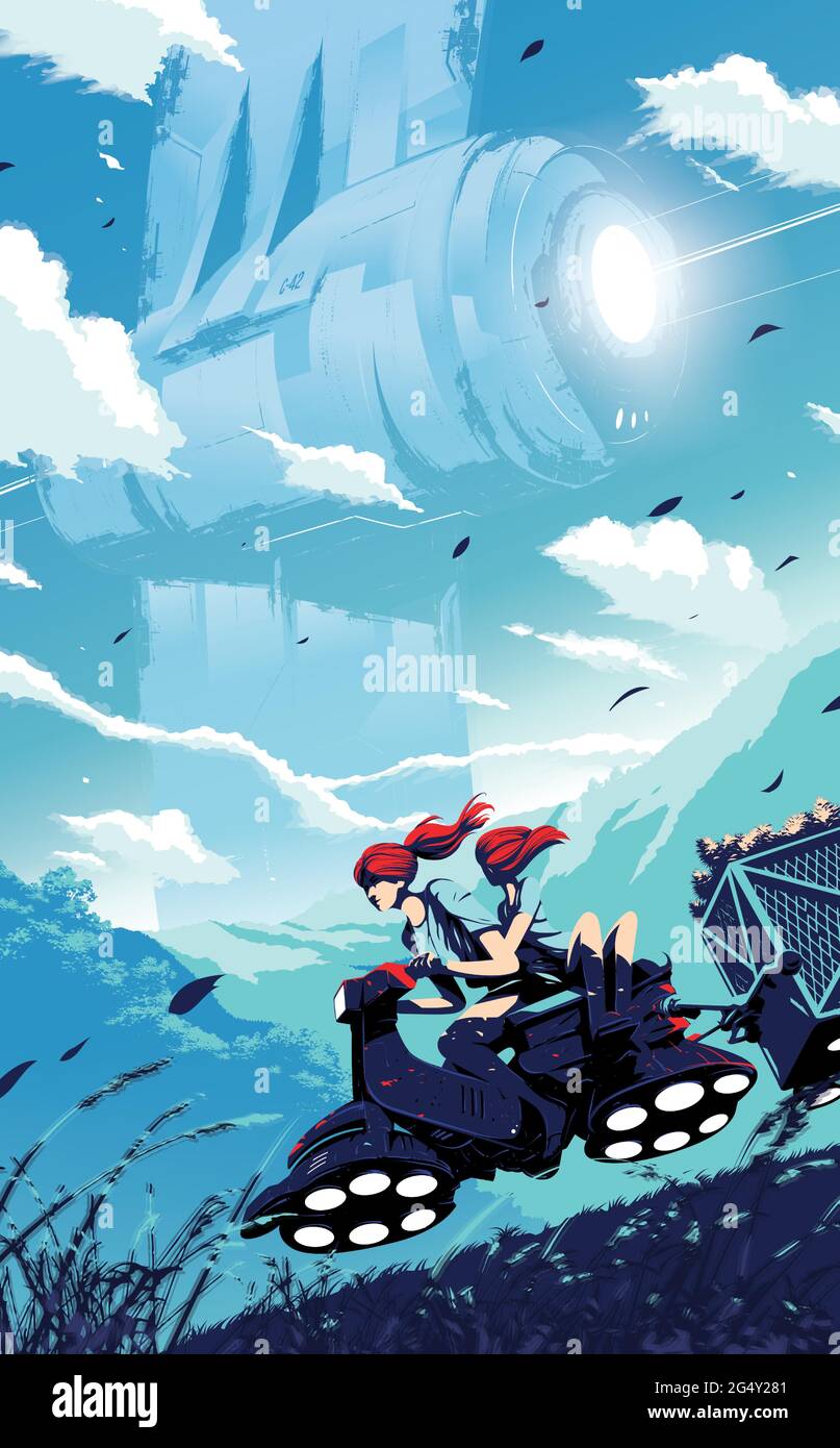 Science-Fiction-Vektordarstellung von 2 Kindern, die mit einem Hover-Scooter auf dem Anhänger zurück nach Hause fahren, mit dem Hintergrund eines Stock Vektor