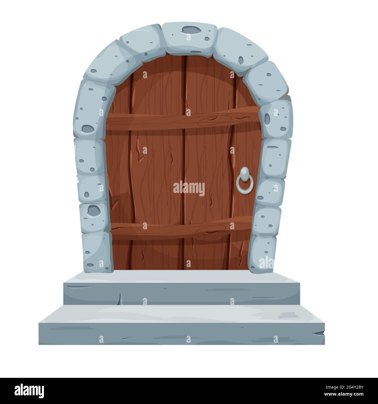 Steinbogen mit Holztür, Burgtor im Cartoon-Stil isoliert auf weißem Hintergrund. Alter, mittelalterlicher Eingang. UI-Asset, strukturiertes, detailliertes Objekt. Vektorgrafik Stock Vektor
