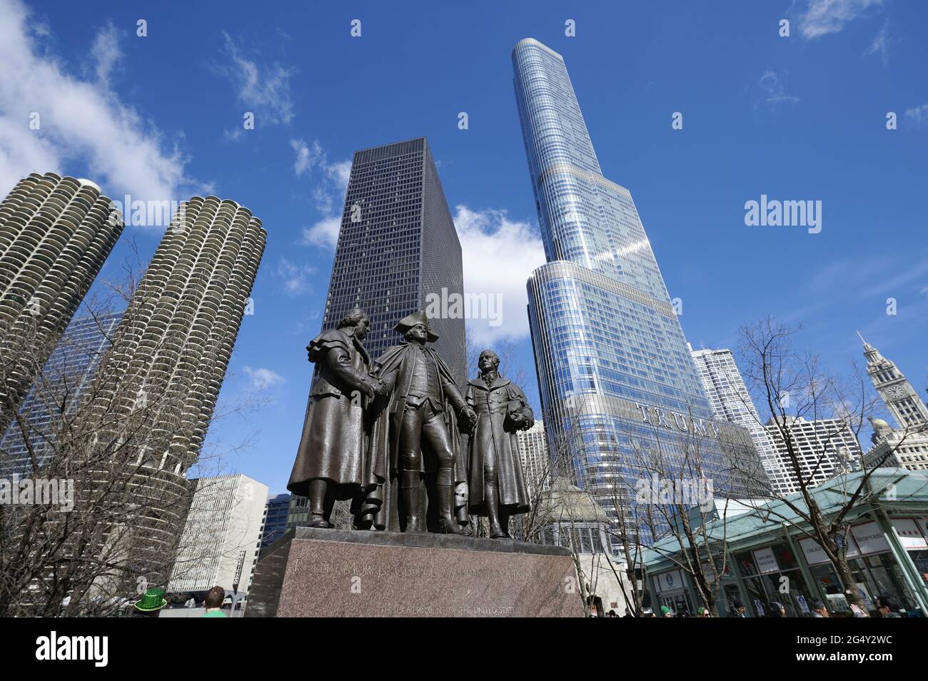 USA, Illinois, Chicago: Das Heald Square Monument, eine Bronzeskulptur-Gruppe von Lorado Taft. Diese Statue zeigt General George Washington an Stockfoto