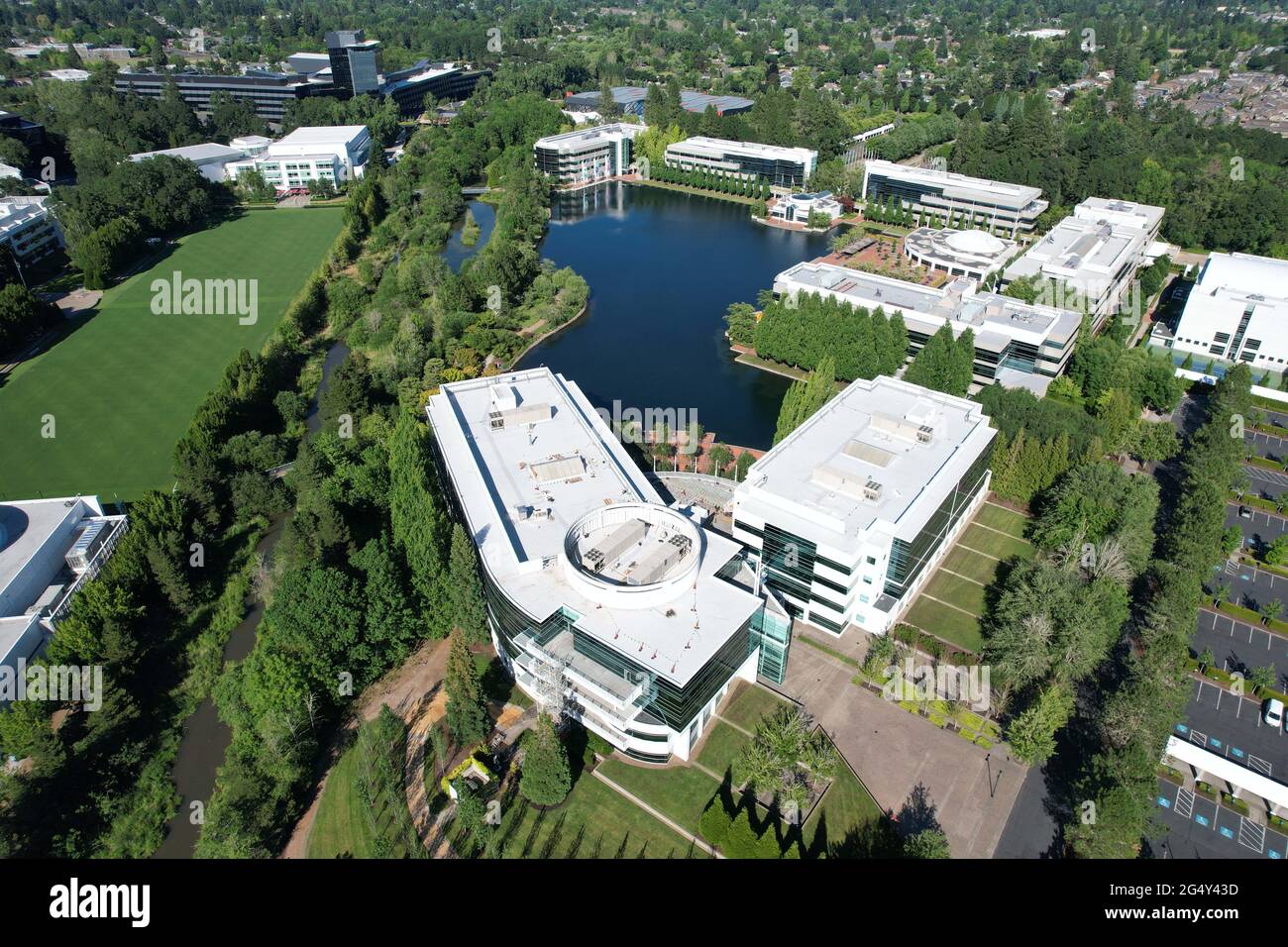 Eine Luftaufnahme des Nike World Headquarters, Mittwoch, 23. Juni 2021, in Beaverton, Ore. Stockfoto