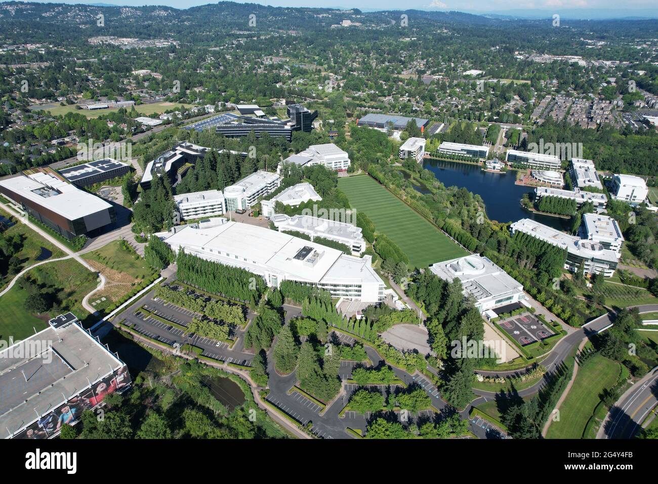 Eine Luftaufnahme des Nike World Headquarters, Mittwoch, 23. Juni 2021, in Beaverton, Ore. Stockfoto