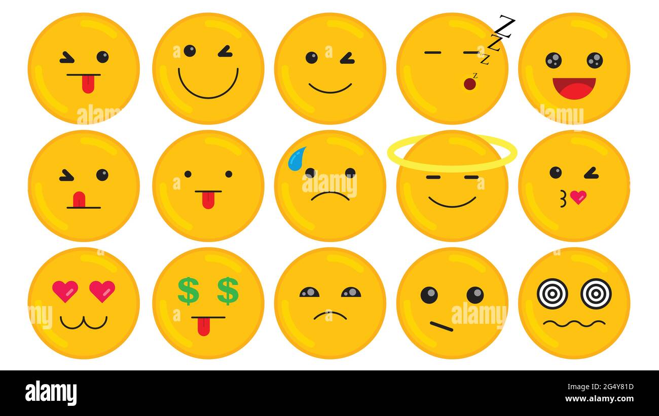 Flaches Design Vektor Emoji Set mit verschiedenen Reaktionen isoliert auf weißem Hintergrund. Kommunikations-Chat-Elemente. Stock Vektor